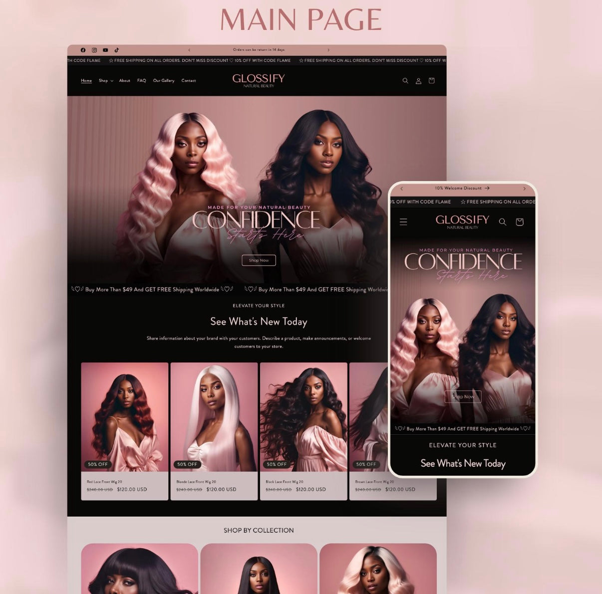 Glossify Pink Luxury Hair & Wig Shopify Theme | OS 2.0 | Pink & Black | 20 Bonus Instagram Templates