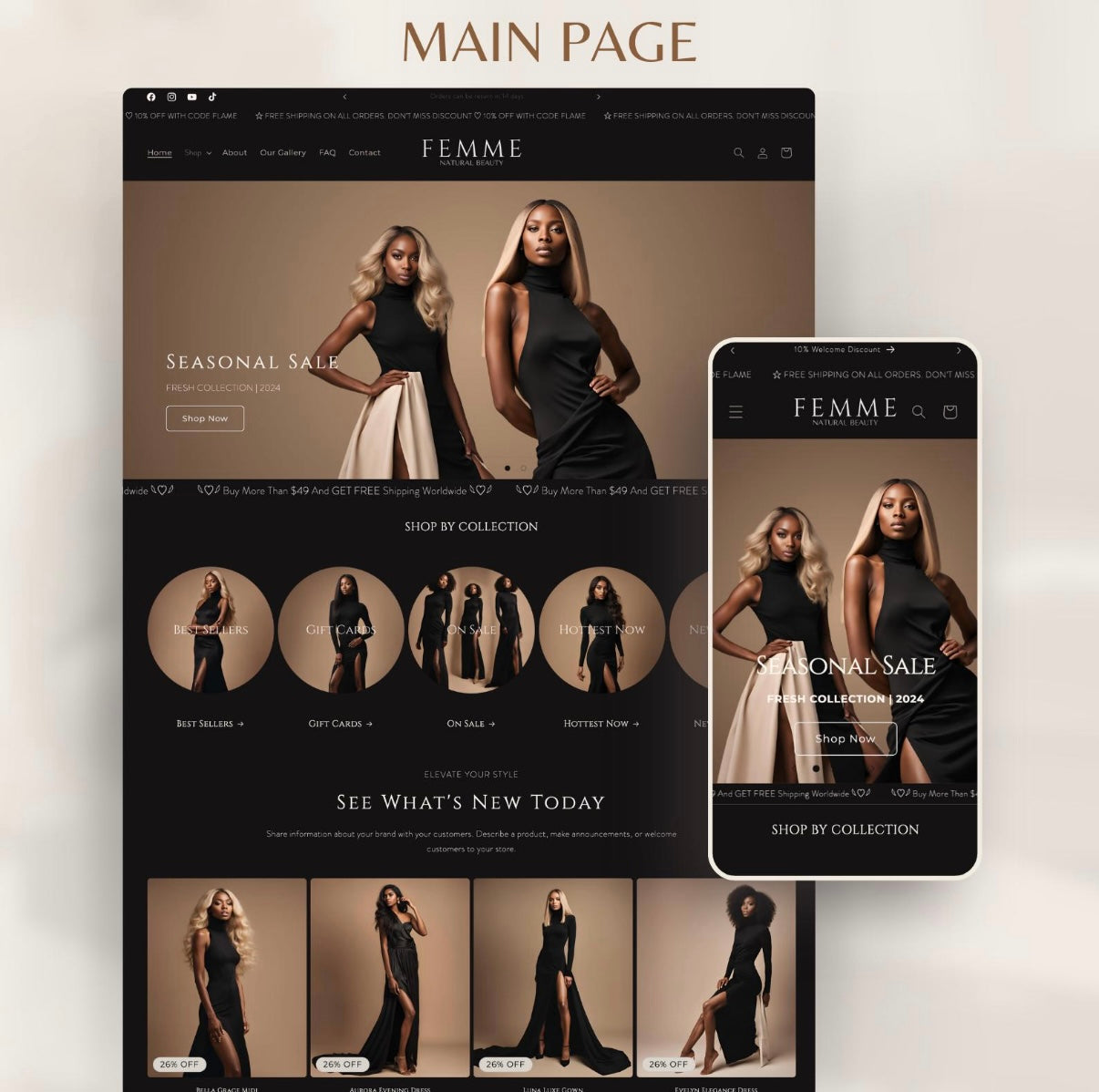 Femme Dark Clothing Shopify Theme | OS 2.0 | Beige & Black | 20 Bonus Instagram Templates