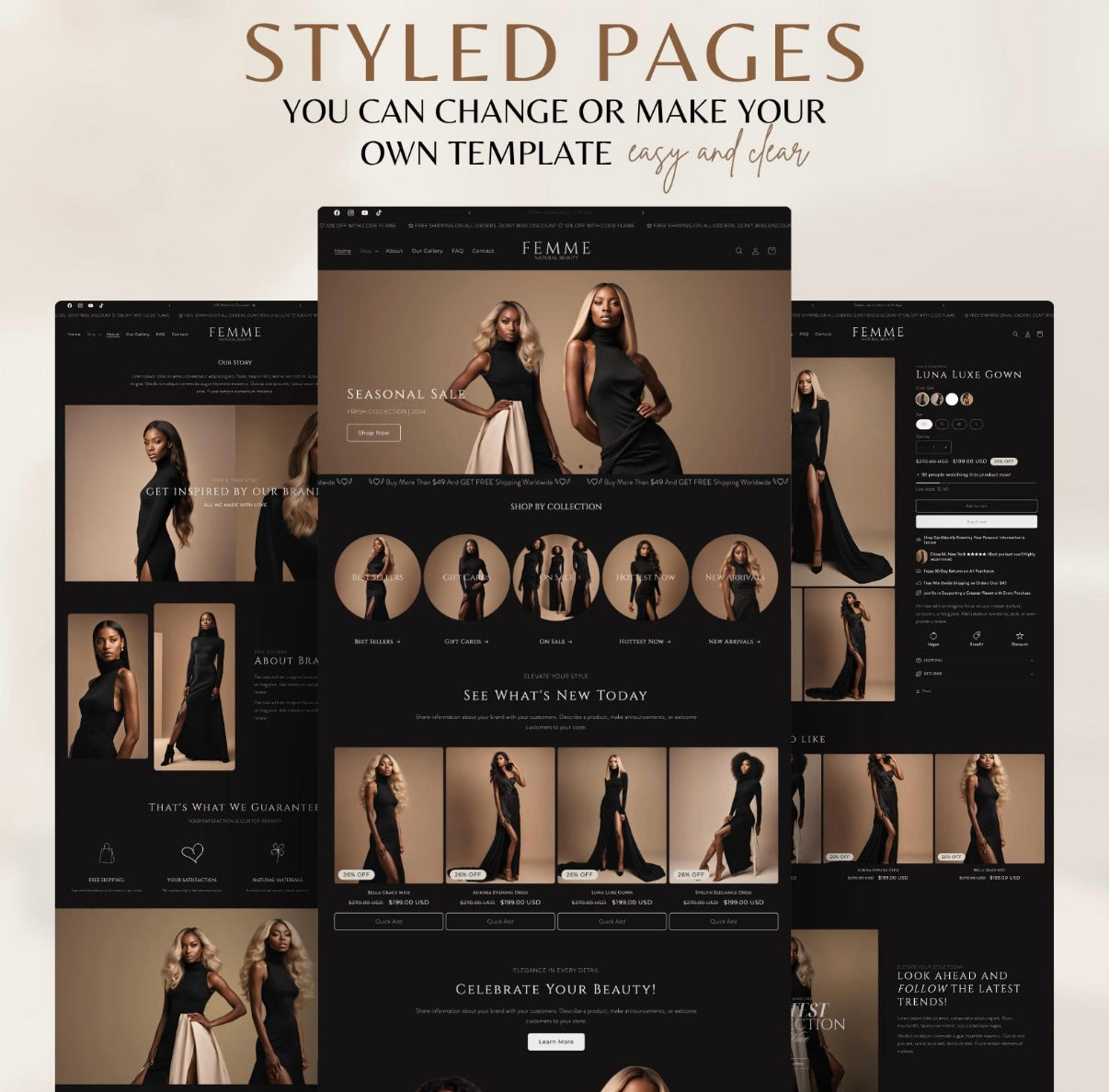 Femme Dark Clothing Shopify Theme | OS 2.0 | Beige & Black | 20 Bonus Instagram Templates