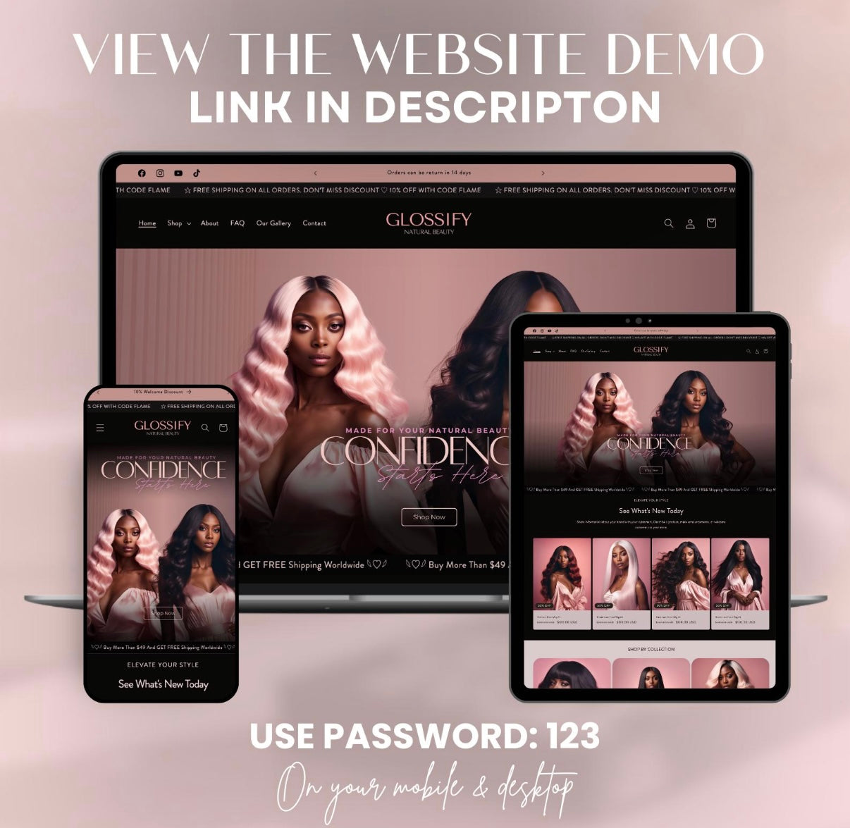 Glossify Pink Luxury Hair & Wig Shopify Theme | OS 2.0 | Pink & Black | 20 Bonus Instagram Templates