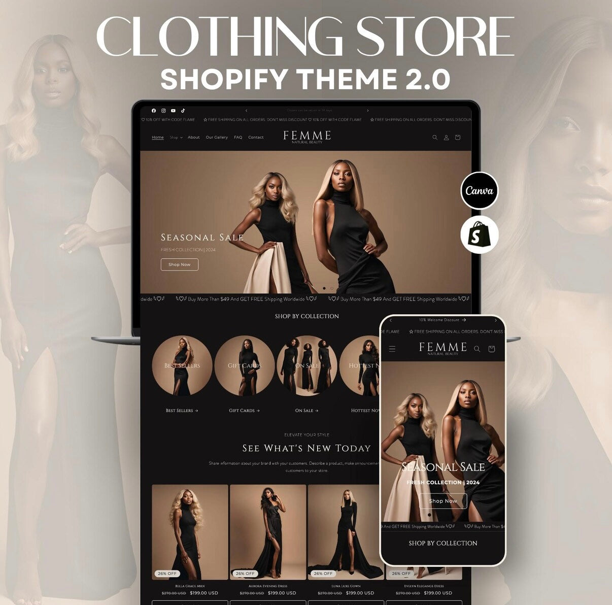 Femme Dark Clothing Shopify Theme | OS 2.0 | Beige & Black | 20 Bonus Instagram Templates