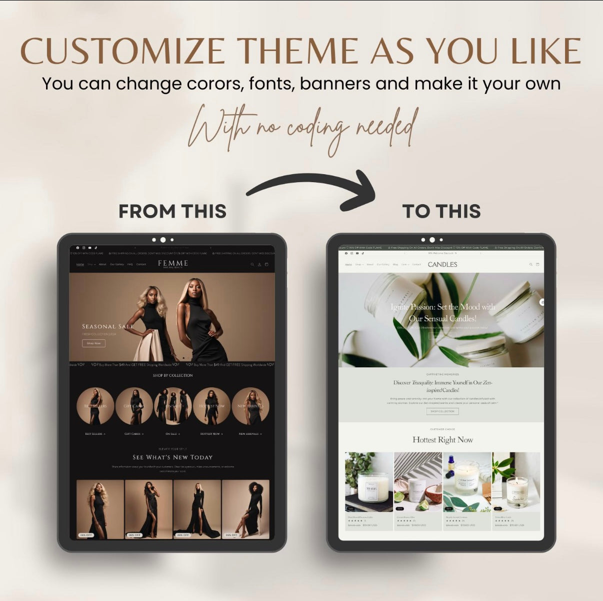 Femme Dark Clothing Shopify Theme | OS 2.0 | Beige & Black | 20 Bonus Instagram Templates