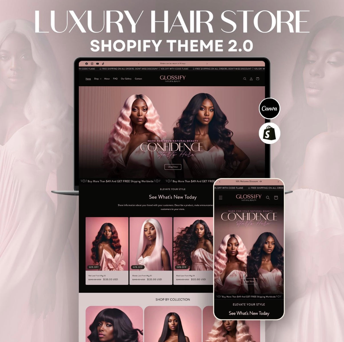 Glossify Pink Luxury Hair & Wig Shopify Theme | OS 2.0 | Pink & Black | 20 Bonus Instagram Templates
