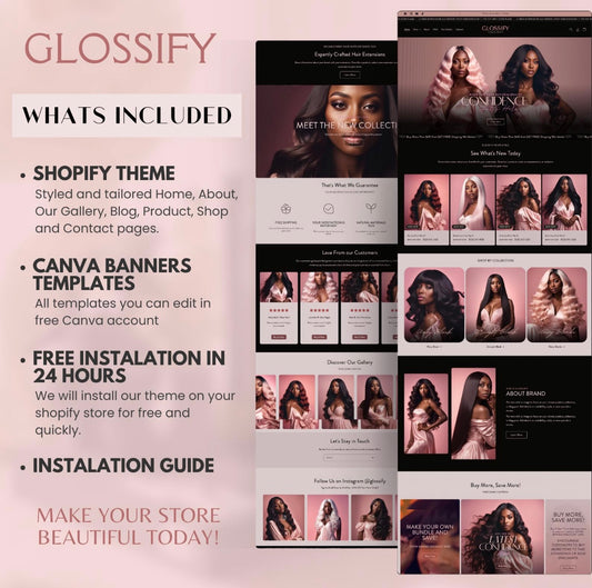 Glossify Pink Luxury Hair & Wig Shopify Theme | OS 2.0 | Pink & Black | 20 Bonus Instagram Templates
