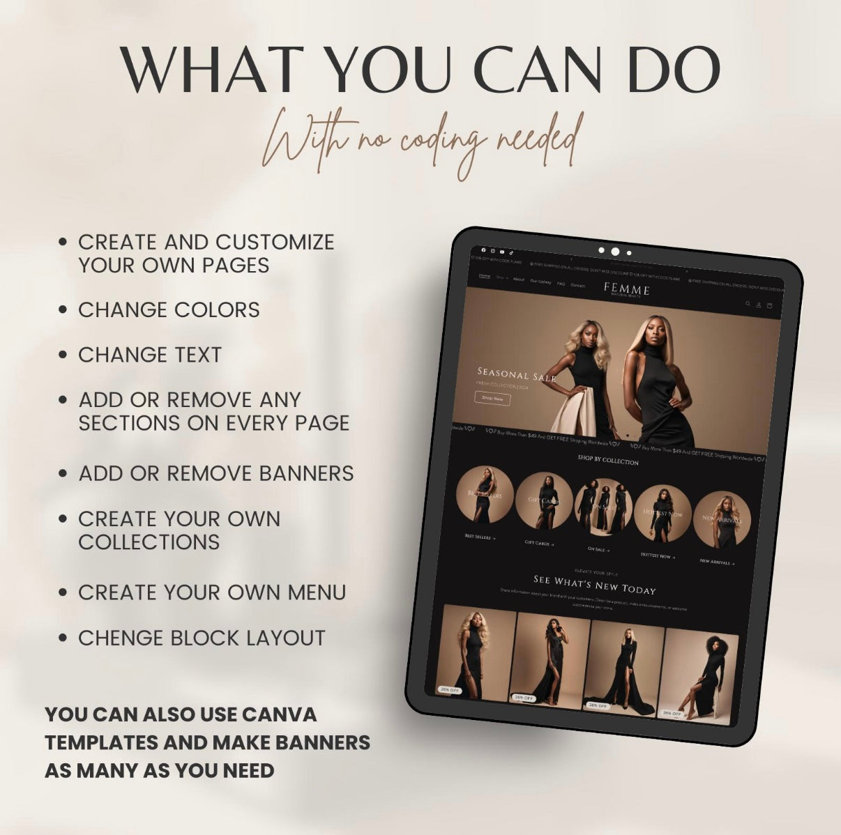 Femme Dark Clothing Shopify Theme | OS 2.0 | Beige & Black | 20 Bonus Instagram Templates