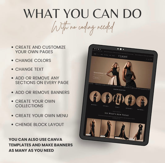 Femme Dark Clothing Shopify Theme | OS 2.0 | Beige & Black | 20 Bonus Instagram Templates