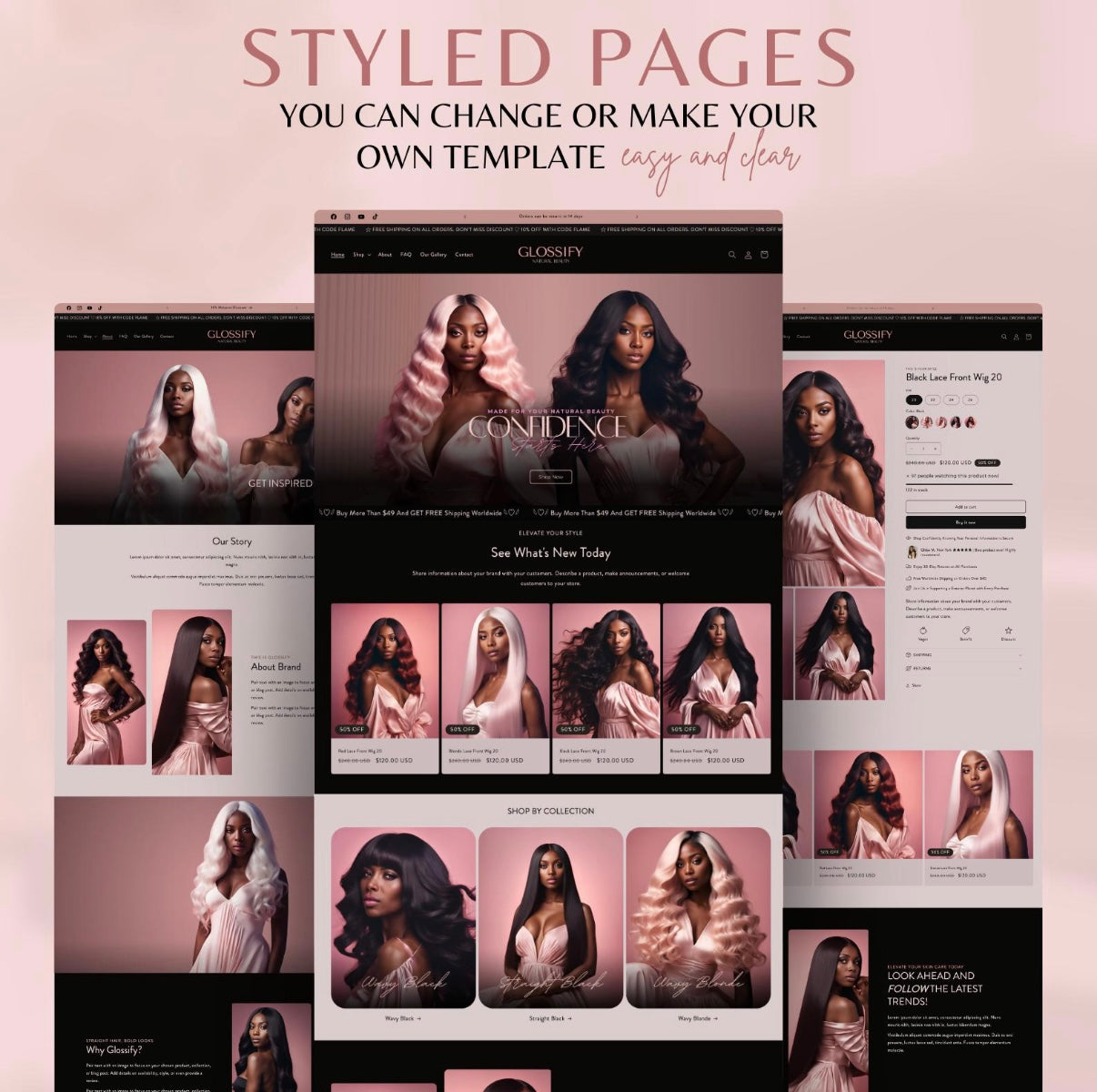 Glossify Pink Luxury Hair & Wig Shopify Theme | OS 2.0 | Pink & Black | 20 Bonus Instagram Templates